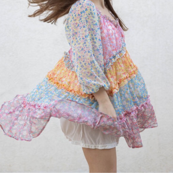 Love Colette Maisie Mini Cottage Babydoll Patchwork Floral Off-Shoulder L Dress - Picture 13 of 13